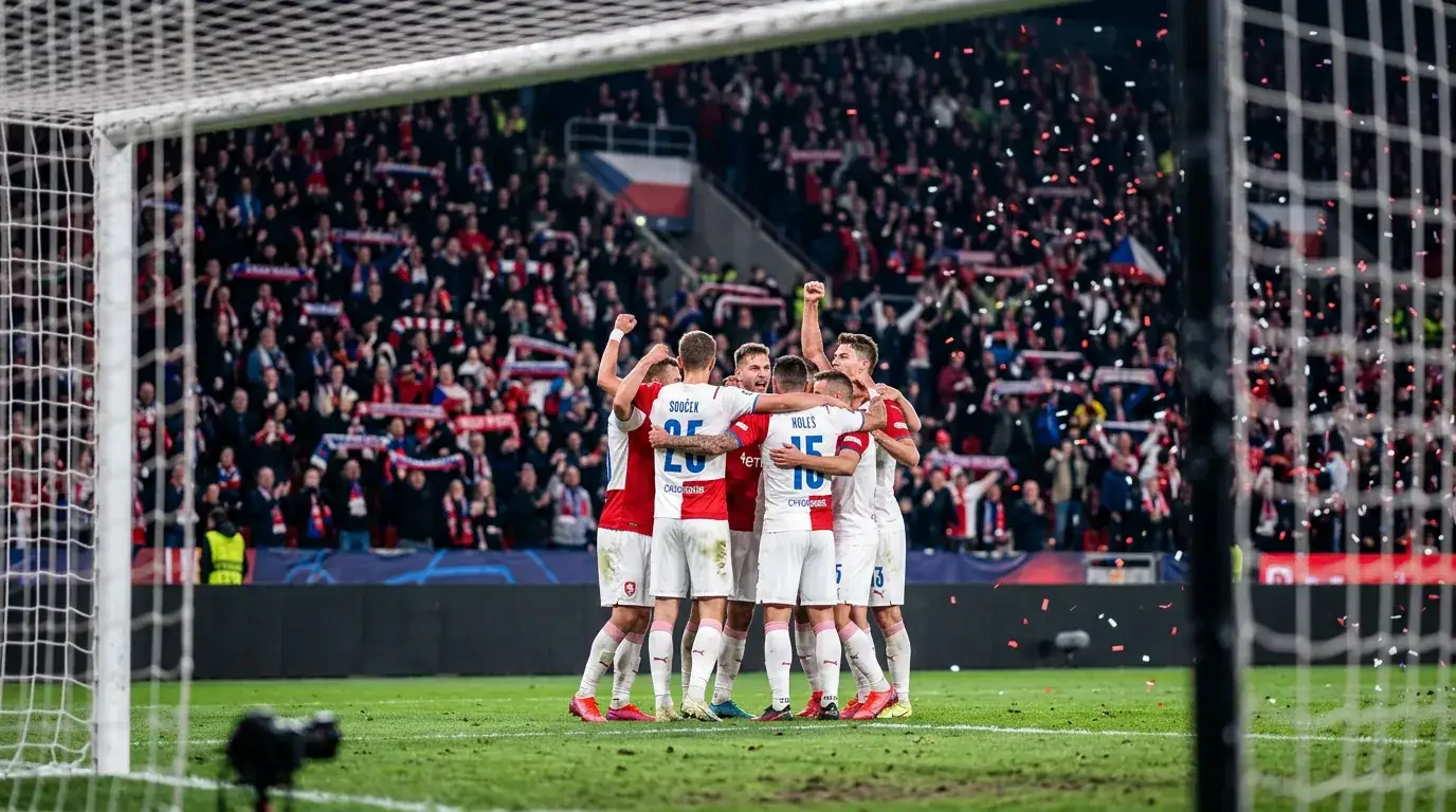 Fotbalisté v národních dresech slaví postup na šampionát na domácím stadiónu