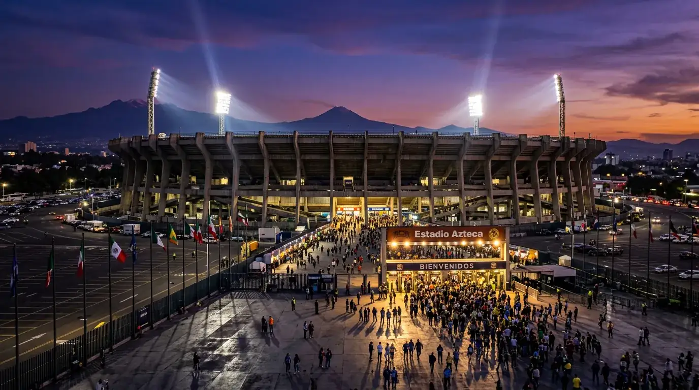 Velký fotbalový stadión v Mexico City při večerním osvětlení s plnými tribunami