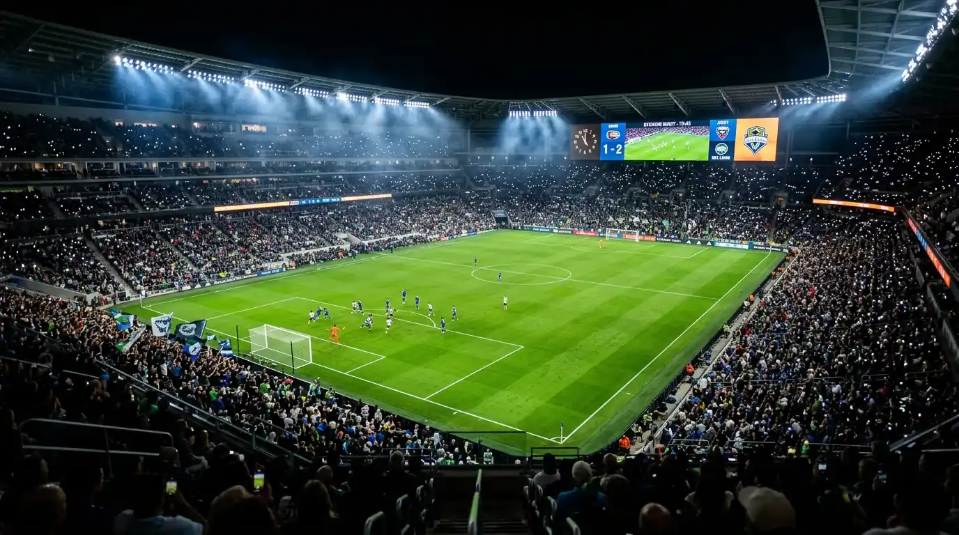 Noční fotbalový zápas na severoamerickém stadiónu s umělým osvětlením a zaplněnými tribunami