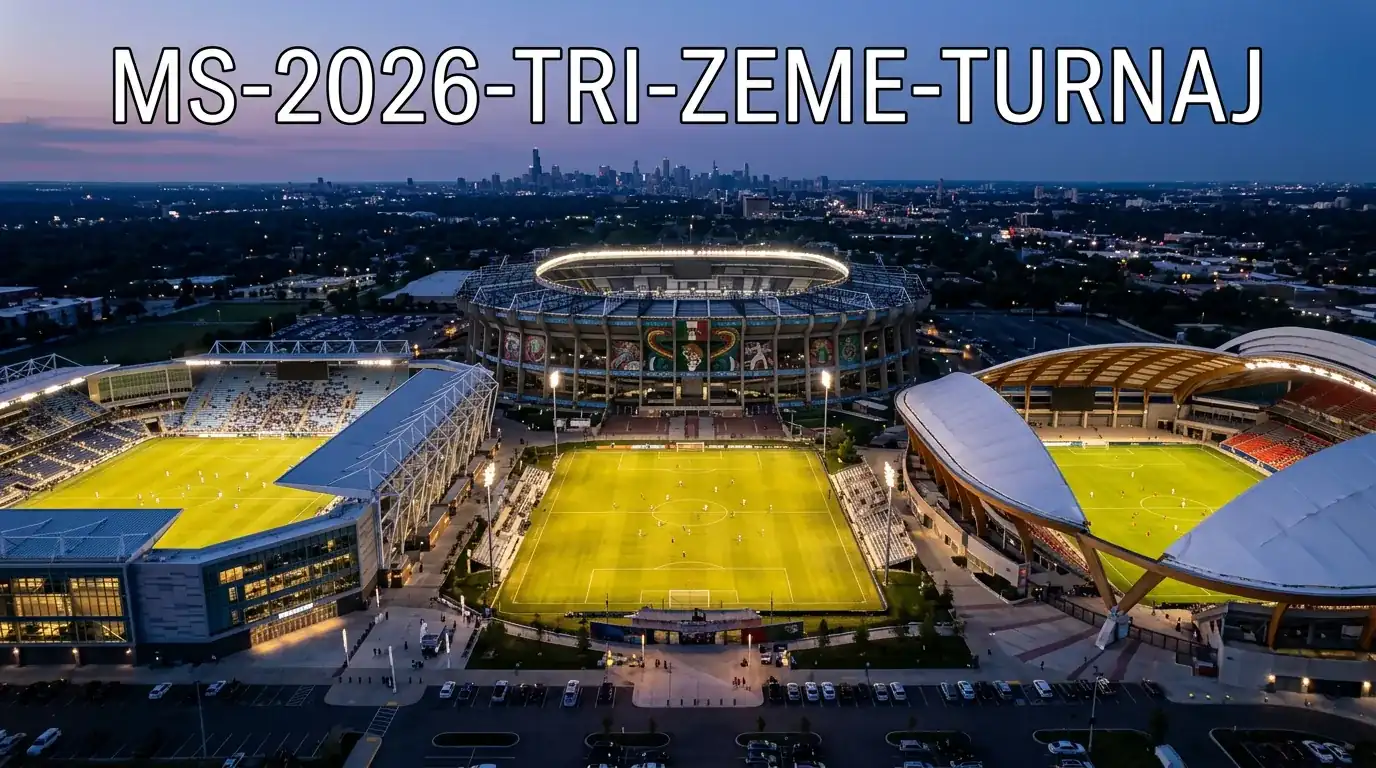 Fotbalové hřiště s vlajkami USA, Mexika a Kanady jako symbol společného pořadatelství MS 2026