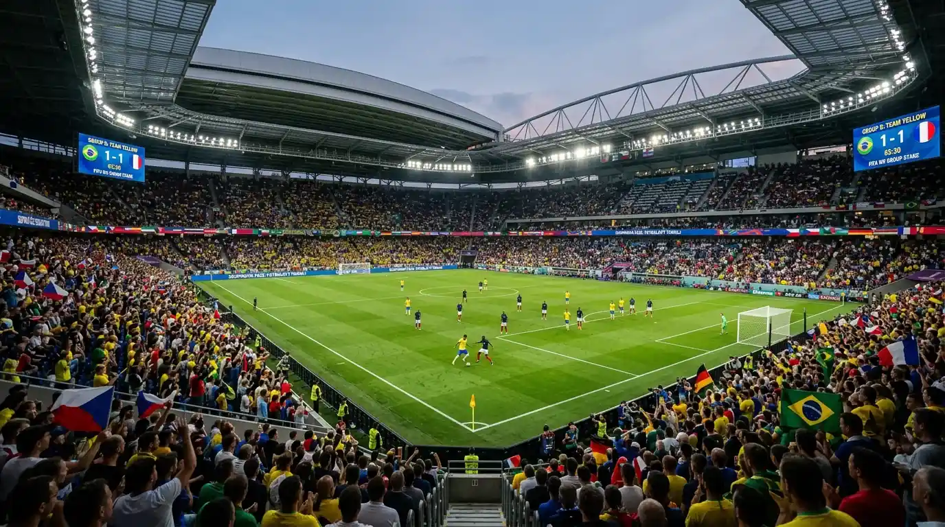 Fotbalový zápas skupinové fáze na velkém stadiónu s plnými tribunami